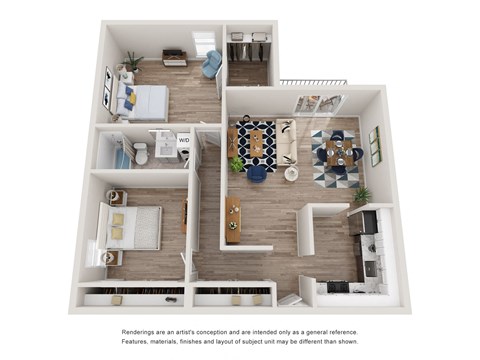 a stylized floor plan with a bedroom and living room